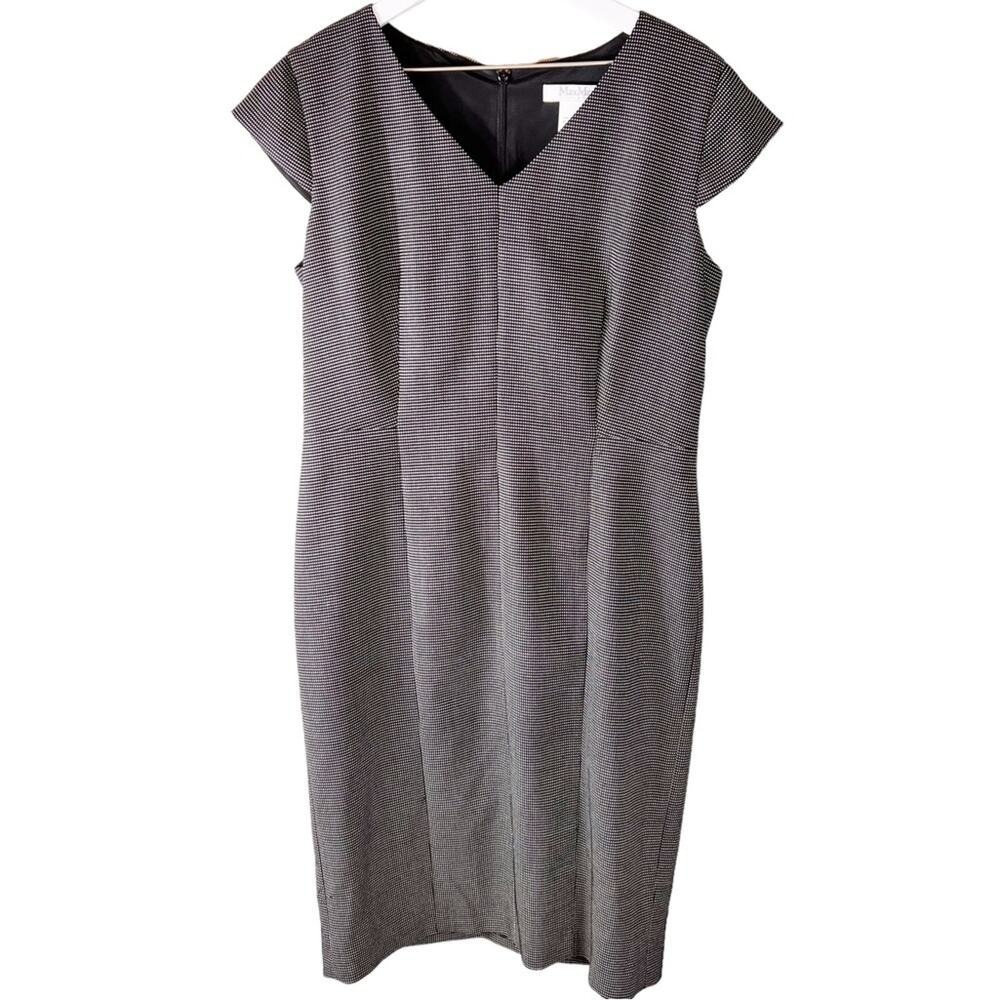Max Mara Wool‎ Silk V-Neck Cap Sleeve Sheath Dress Black White Micro Pattern 14